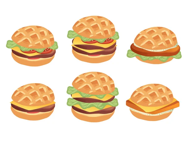 Set Burgers Different Ingredients Sizes Takeaway Fast Food Flat Vector — Stock Vector