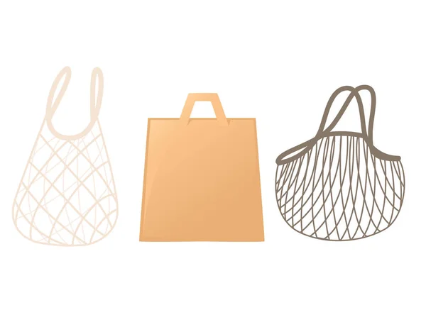 String Sacos Papel Para Compras Eco Friendly Produtos Ilustração Vetorial — Vetor de Stock