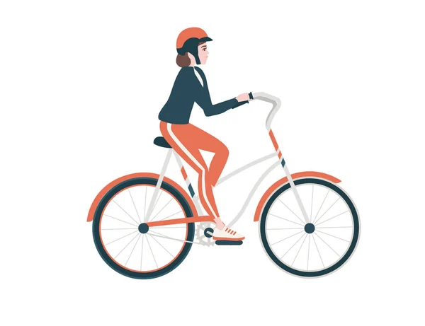 Vista Lateral Mujer Montando Bicicleta Roja Diseño Personajes Dibujos Animados — Vector de stock