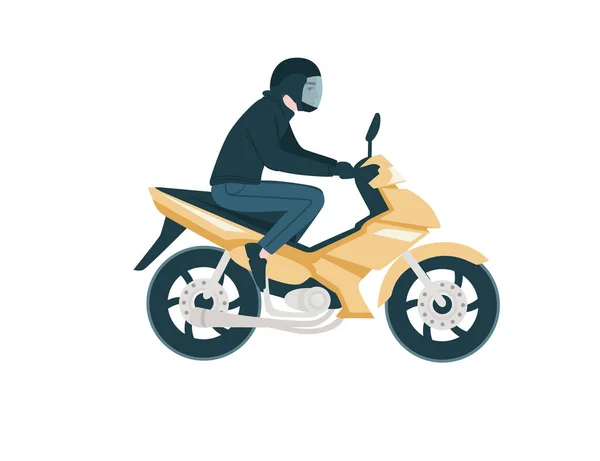 Vista Lateral Del Hombre Cabalgando Amarillo Motocicleta Moderna Dibujo Animado — Vector de stock