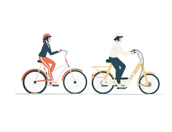 Вид Сбоку Мужчины Женщины Едущих Велосипеде Мультфильм Дизайн Плоской Векторной — стоковый вектор