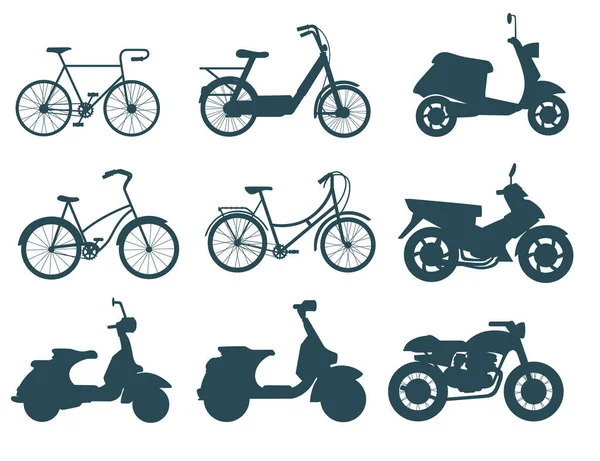 Conjunto Silueta Scooter Bicicletas Transporte Doble Rueda Ciudad Pequeña Para — Vector de stock