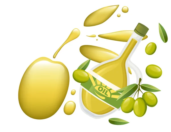 Aceite de oliva concepto de aceite sabroso saludable botella de vidrio lleno con aceite de oliva y aceitunas en rama con hojas vector ilustración sobre fondo blanco — Vector de stock