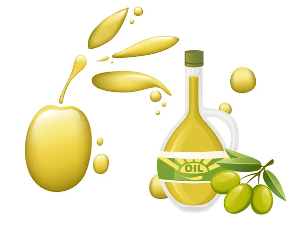 Концепция оливкового масла для здоровья вкусное масло полная стеклянная бутылка с оливковым маслом и оливками на ветке с векторной иллюстрацией листьев на белом фоне — стоковый вектор