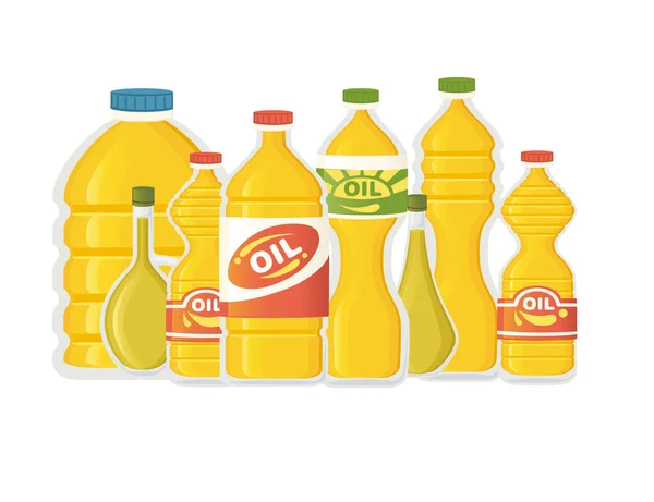 Conjunto de diferentes óleos orgânicos em diferentes formas de garrafas e tamanhos ilustração vetorial sobre fundo branco —  Vetores de Stock