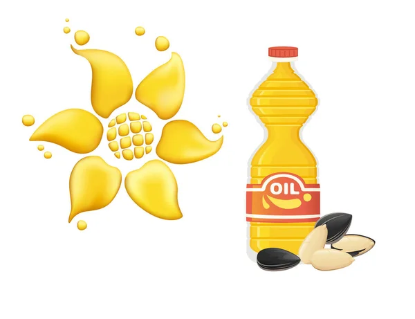Olej słonecznikowy w przezroczystej butelce z płynącym olejem słonecznikowym w postaci ilustracji wektora słońca na białym tle — Wektor stockowy