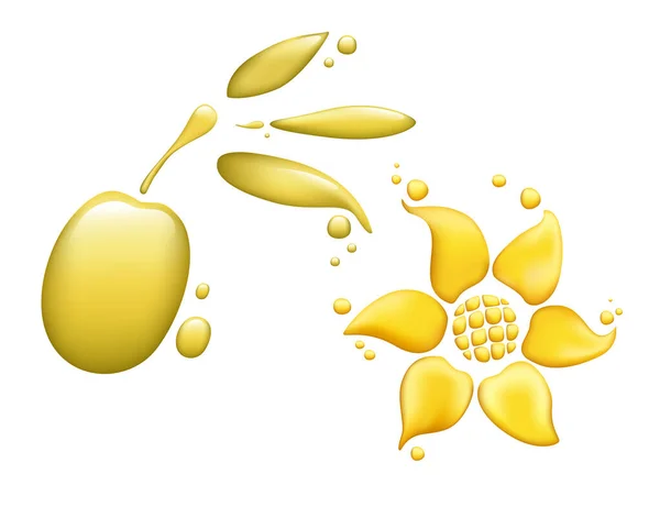 Olio di girasole a forma di sole che scorre intorno con olio d'oliva a forma di vettoriale illustrazione su sfondo bianco — Vettoriale Stock
