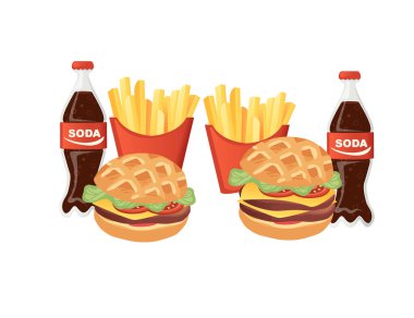 Şişelerde hamburger, patates cipsi ve soda. Lezzetli abur cubur, düz yiyecek, beyaz arka planda çizim..