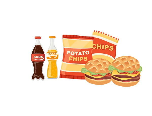 Şişelerde Hamburger Patates Cipsi Soda Lezzetli Abur Cubur Düz Yiyecek — Stok Vektör