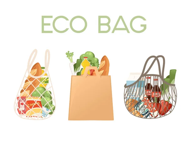 Eco Bag套装 装有不同类型的购物袋 里面装的是商店白色背景的平面矢量图解中的食品杂货 — 图库矢量图片