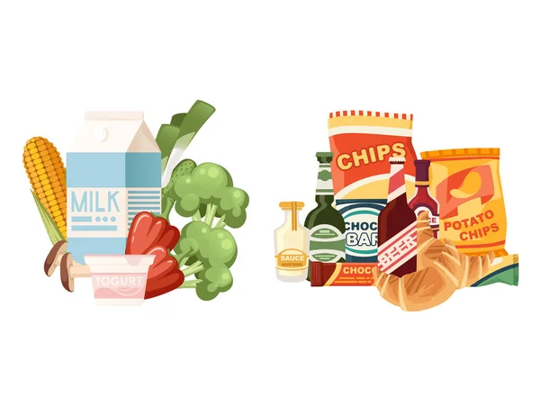 Sağlıklı Sebzeler Süt Ürünleri Seti Organik Vejetaryen Yiyecekler Fast Food — Stok Vektör