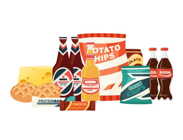 Batatas Fritas Cerveja Com Soda Lanche Chocolate Conjunto Produtos Ilustração —  Vetores de Stock