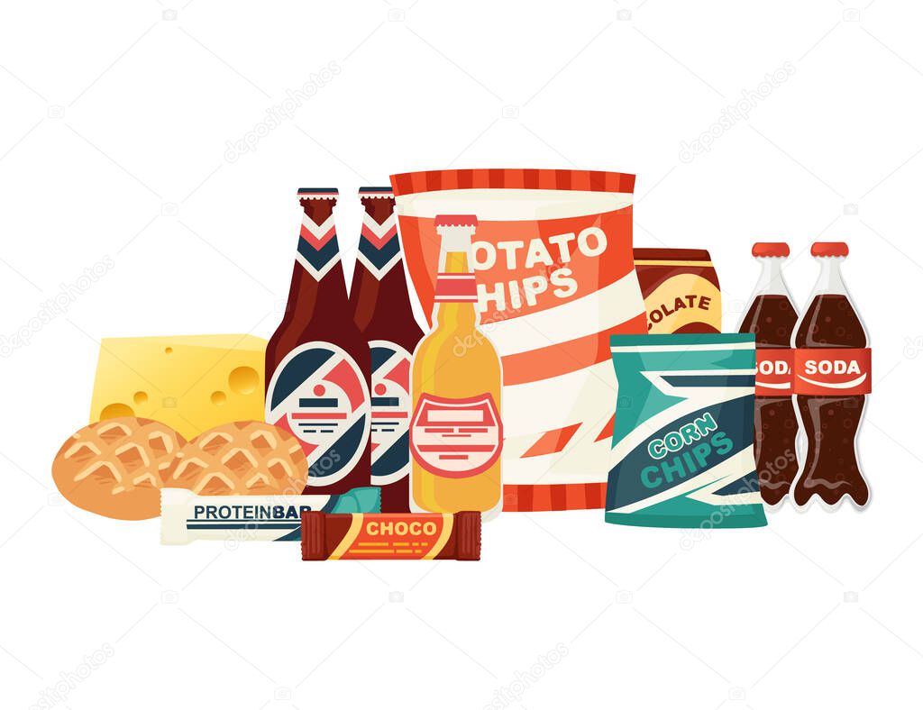 Soda beer potato chips and chocolate bar snack product set flat vector illustration on white background.