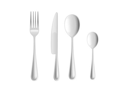 Restoranlar için çatal kaşıklar ve bıçak paslanmaz çelik mutfak çatal bıçak takımı beyaz arka plan gerçekçiliği üzerine vektör çizimi..