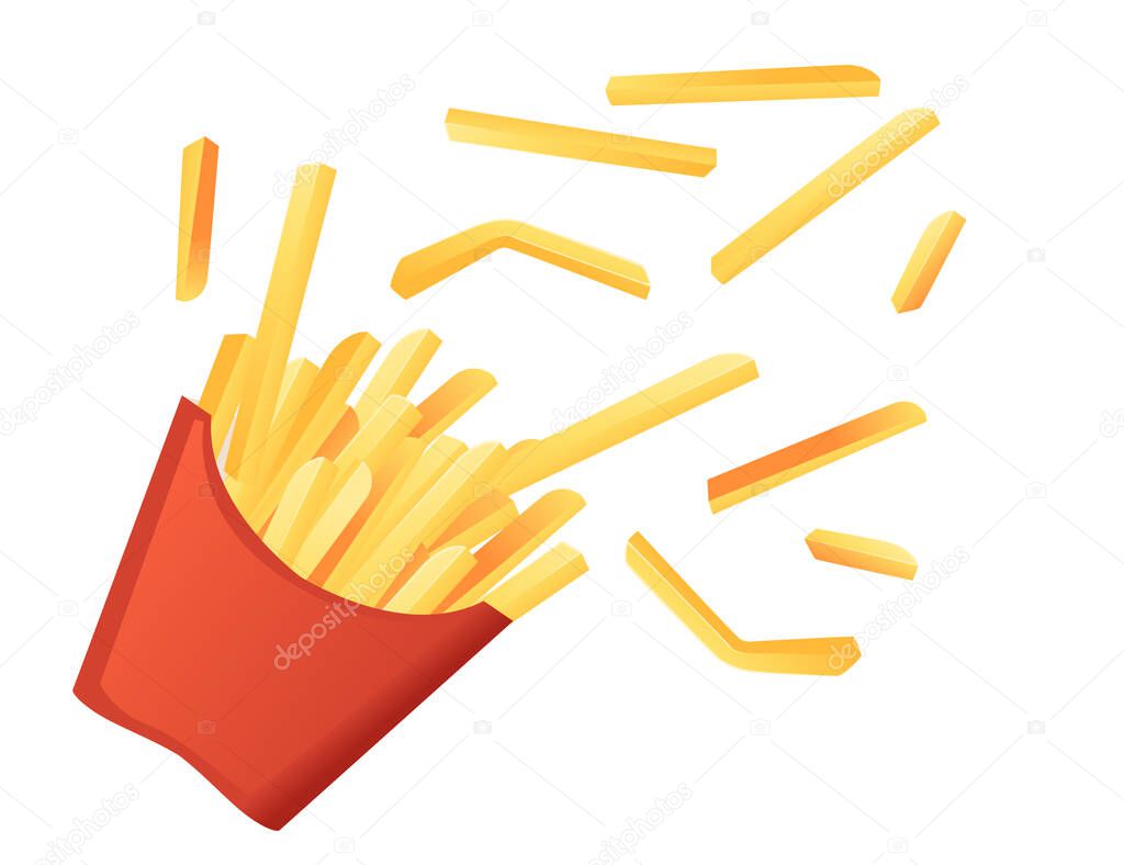 French fries in red paper box street fast food flat vector illustration on white background.
