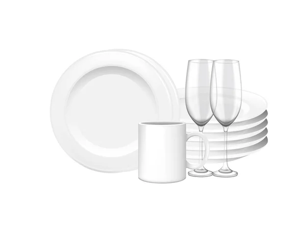 家里或餐馆的一堆堆干净的盘子 杯子和玻璃酒洗碗载体说明了白色背景下的实际风格 — 图库矢量图片