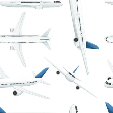 Ön ve üst vektör illüstrasyonunda beyaz arka planda kusursuz desenli beyaz yolcu uçağı.