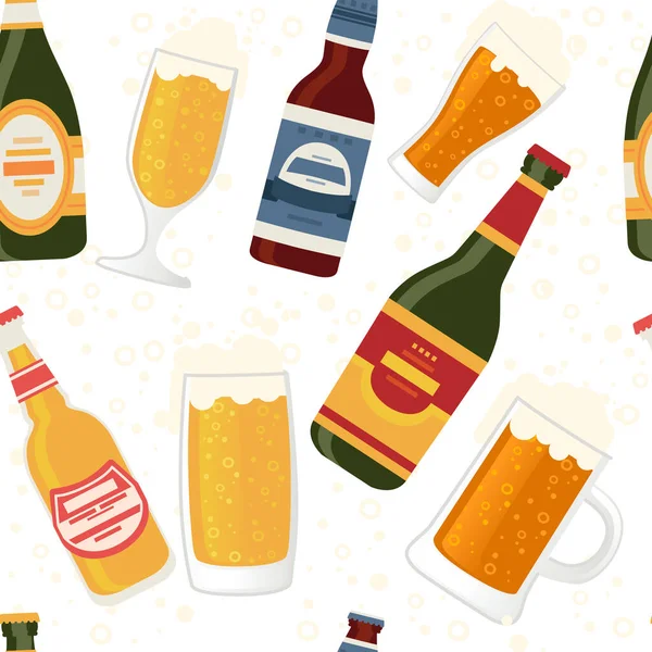 Безшовні Візерунки Пивні Пляшки Етикеткою Скляними Пляшками Пива Різними Видами — стоковий вектор