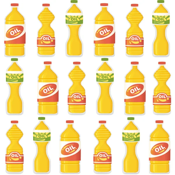 Seamless Pattern Assorted Bottles Vegetables Oil Vector Illustration White Background — Stock Vector
