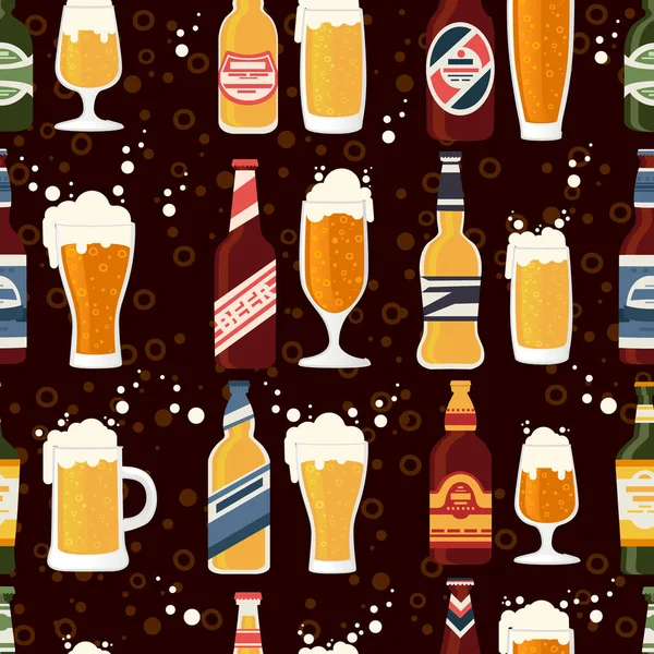 Безшовні Візерунки Пивні Пляшки Етикеткою Скляними Пляшками Пива Різними Видами — стоковий вектор