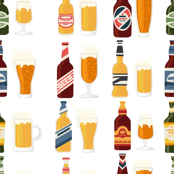 带有标签的无缝制啤酒瓶和不同类型啤酒瓶的玻璃啤酒瓶白底图解 — 图库矢量图片