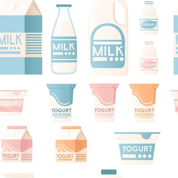 Patrón Sin Costura Diferentes Tipos Productos Lácteos Embalaje Cartón Plástico — Archivo Imágenes Vectoriales