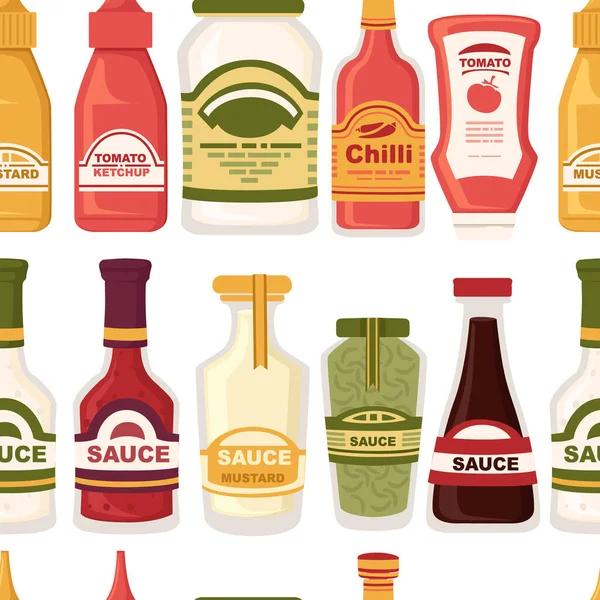 Varrat Nélküli Minta Különböző Szószok Üveg Majonéz Ketchup Wasabi Mustár — Stock Vector