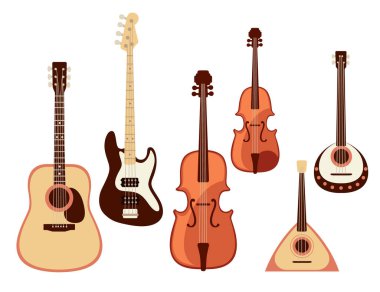 Set of classical musical instrument violin guitar balalaika collection cartoon design vector illustration.