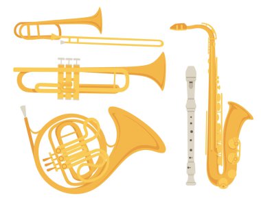 Saksafon ve klasik Fransız kornosu enstrüman vektör illüstrasyonu seti.