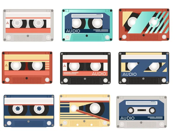 Set Kilenc Retro Audio Kazetták Különböző Színű Minták Vektor Illusztráció — Stock Vector