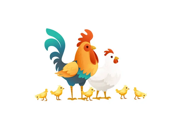 Cute Cock Chicken Chicks Farm Agriculture Hen Rooster Cartoon Animal — Stock Vector