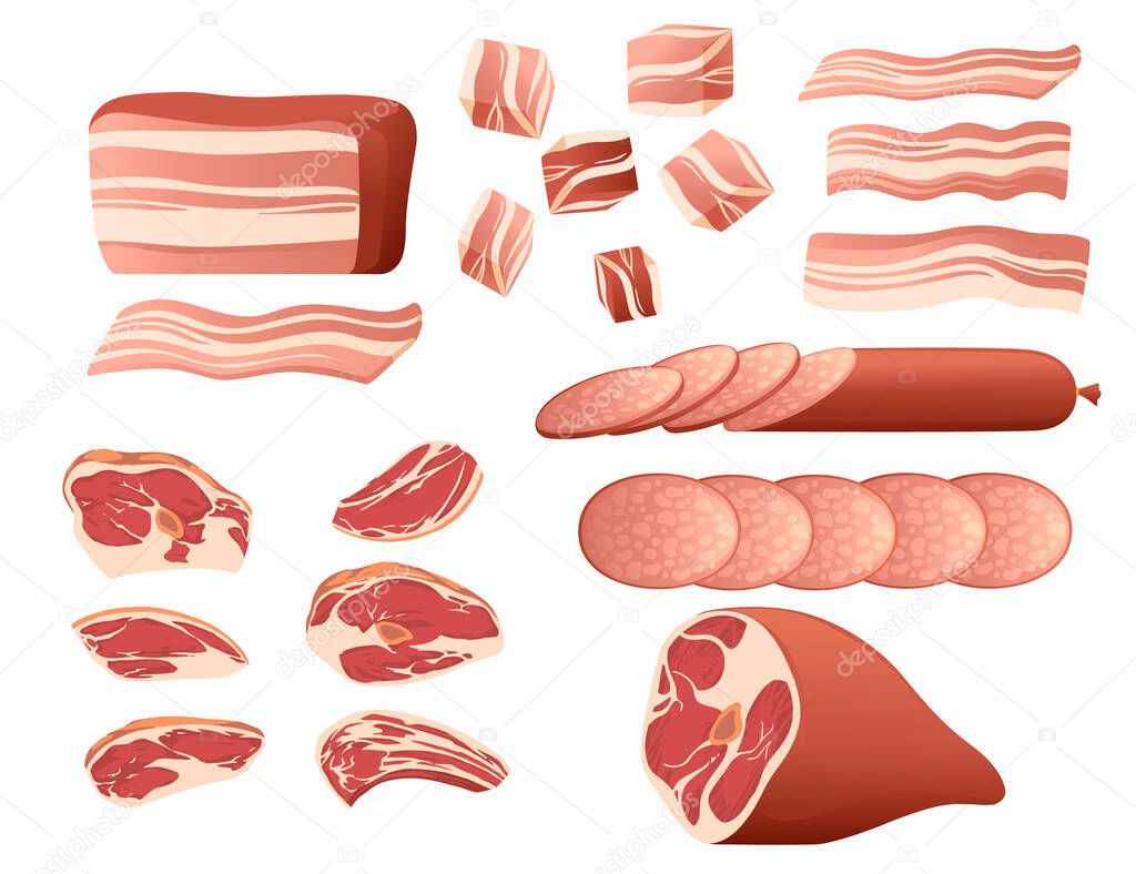 Set of fresh and prepared meat beef pork sausages bacon and steak meat products for a grocery store vector illustration on white background.