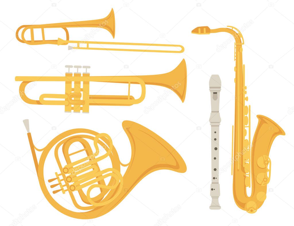 Set of saxophone and classical French horn musical instrument vector illustration.