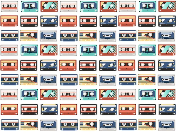 Modèle sans couture de cassettes audio rétro avec différentes illustrations vectorielles de motifs colorés sur fond blanc — Image vectorielle