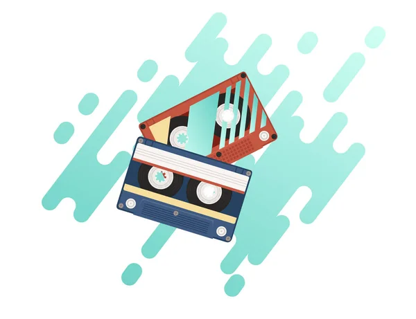 Cassette audio rétro avec illustration vectorielle motif rétro avec fond turquoise abstrait — Image vectorielle