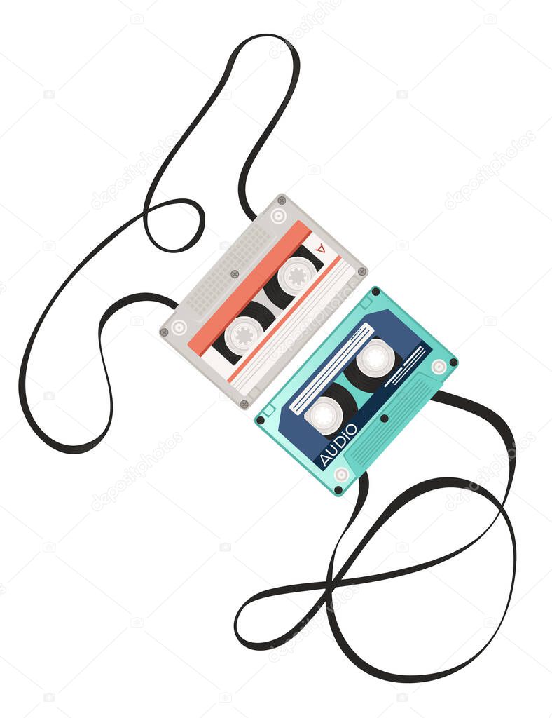 Retro audio cassette tape with tangled retro pattern vector illustration on white background.
