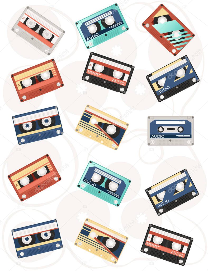 Set of retro audio cassettes with different colorful patterns vector illustration on white background.