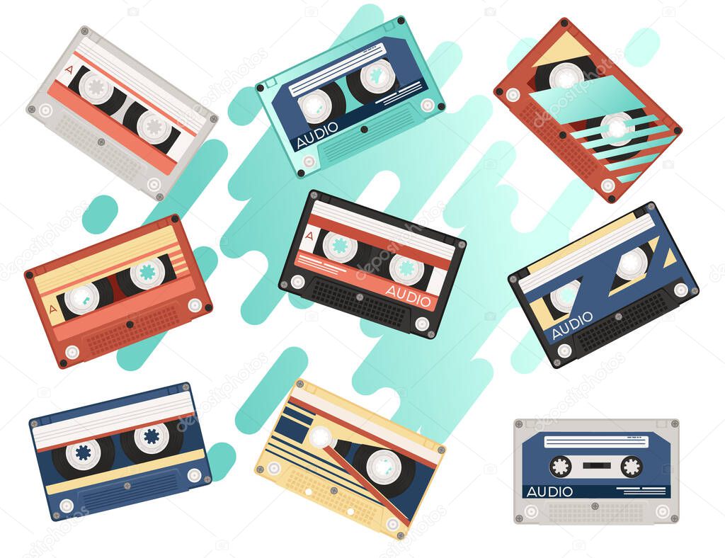 Set of retro audio cassettes with different colorful patterns vector illustration on white background