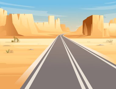 Çölde karayoluna giden yol boş bir yol ve düz dağlar güneşli bir gün ve açık gökyüzü çizimi