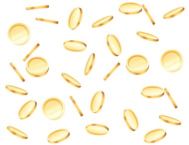 Altın madeni paraların yağmuru beyaz arka plandaki en üst vektör illüstrasyonundan düşüyor.