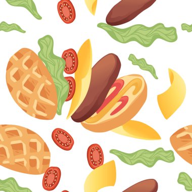 Hamburger pişirmenin kusursuz deseni beyaz zemin üzerinde fast food vektör çizimlerini birleştirir..