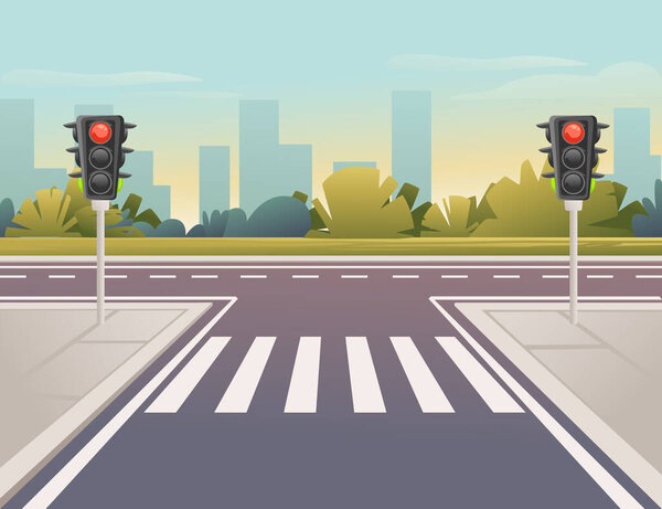 Empty city road with pedestrian crossing and traffic lights sunny day with clear sky vector illustration