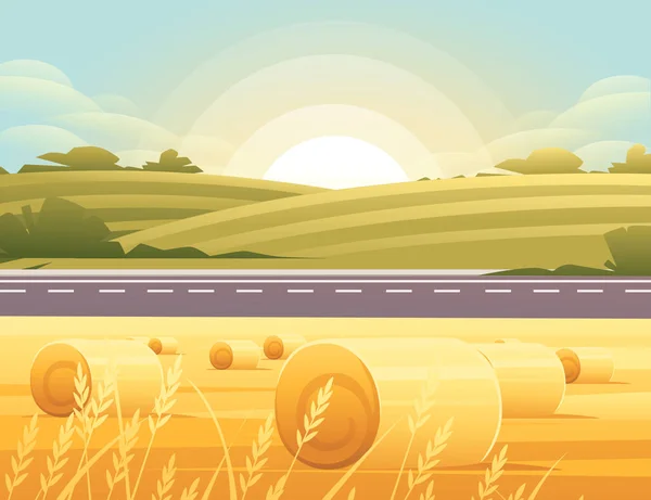 Camino a la ciudad camino vacío recto a través del prado rural con campo de trigo un día soleado con ilustración de vector cielo claro — Archivo Imágenes Vectoriales