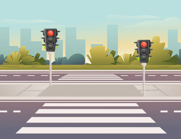 Empty city road with pedestrian crossing and traffic lights sunny day with clear sky vector illustration