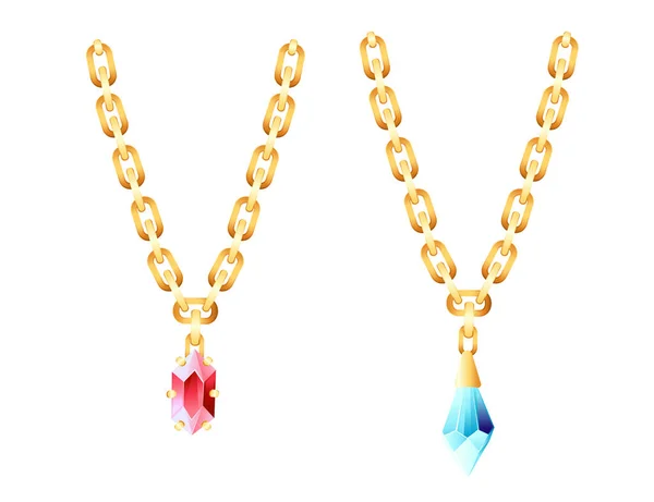 Золотое Роскошное Ожерелье Золотой Цепью Векторной Иллюстрацией Красно Синих Гемов — стоковый вектор