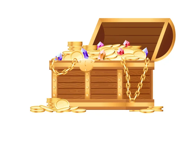 Ξύλινο Ανοιχτό Στήθος Χρυσά Νομίσματα Και Πολύτιμους Λίθους Πειρατής Κουτί — Διανυσματικό Αρχείο