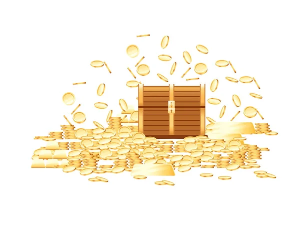 Дерев Яні Закриті Груди Фонтаном Золотих Монет Піратська Коробка Скарбів — стоковий вектор