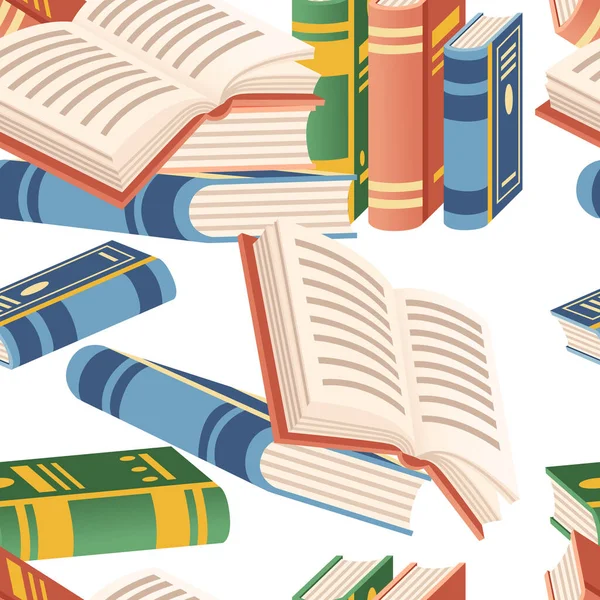 Naadloze Patroon Boeken Stapel Open Dicht Boeken Set Voor Bibliotheek — Stockvector