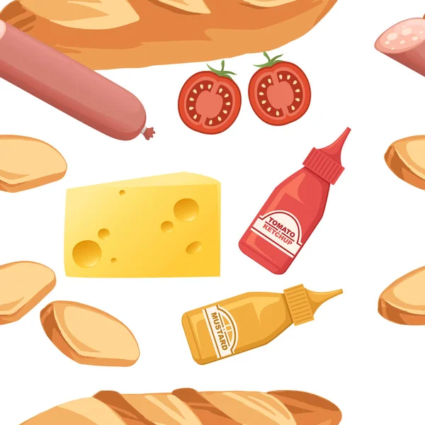 Naadloos Patroon Van Ingrediënten Voor Sandwich Vector Illustratie Witte Achtergrond — Stockvector