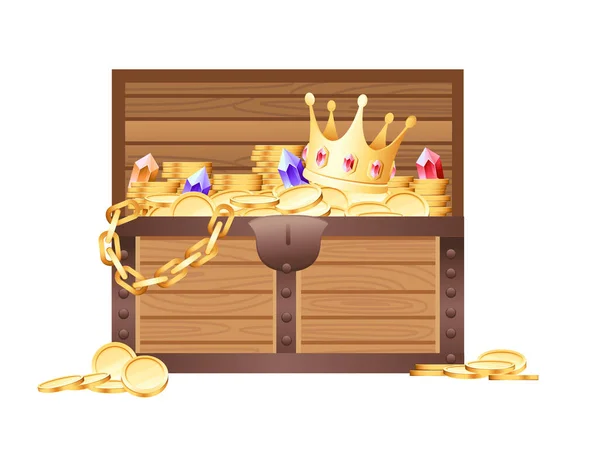 Wooden Open Chest Golden Coins Gems Crown Pirate Treasure Box — Stock Vector